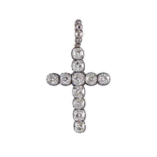19th century cushion diamond cross pendant, c.1880, of Latin form,